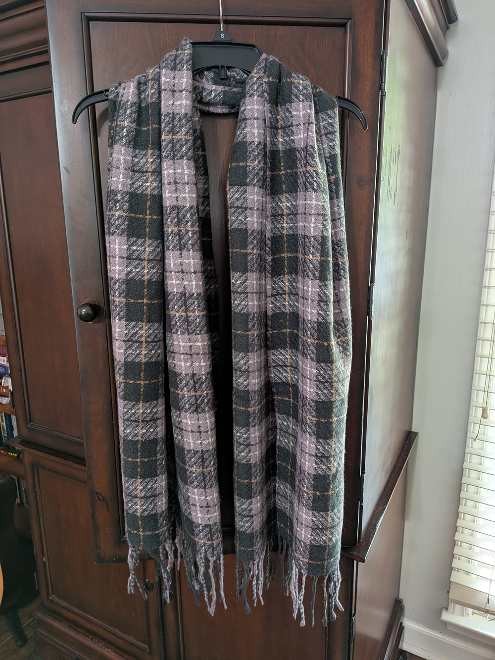 Plaid Fringed Scarf in Lavender and Black